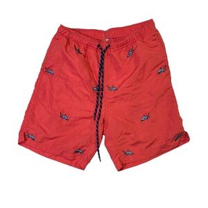 Castaway mens S Small red shark embroidered swim shorts trunks EUC